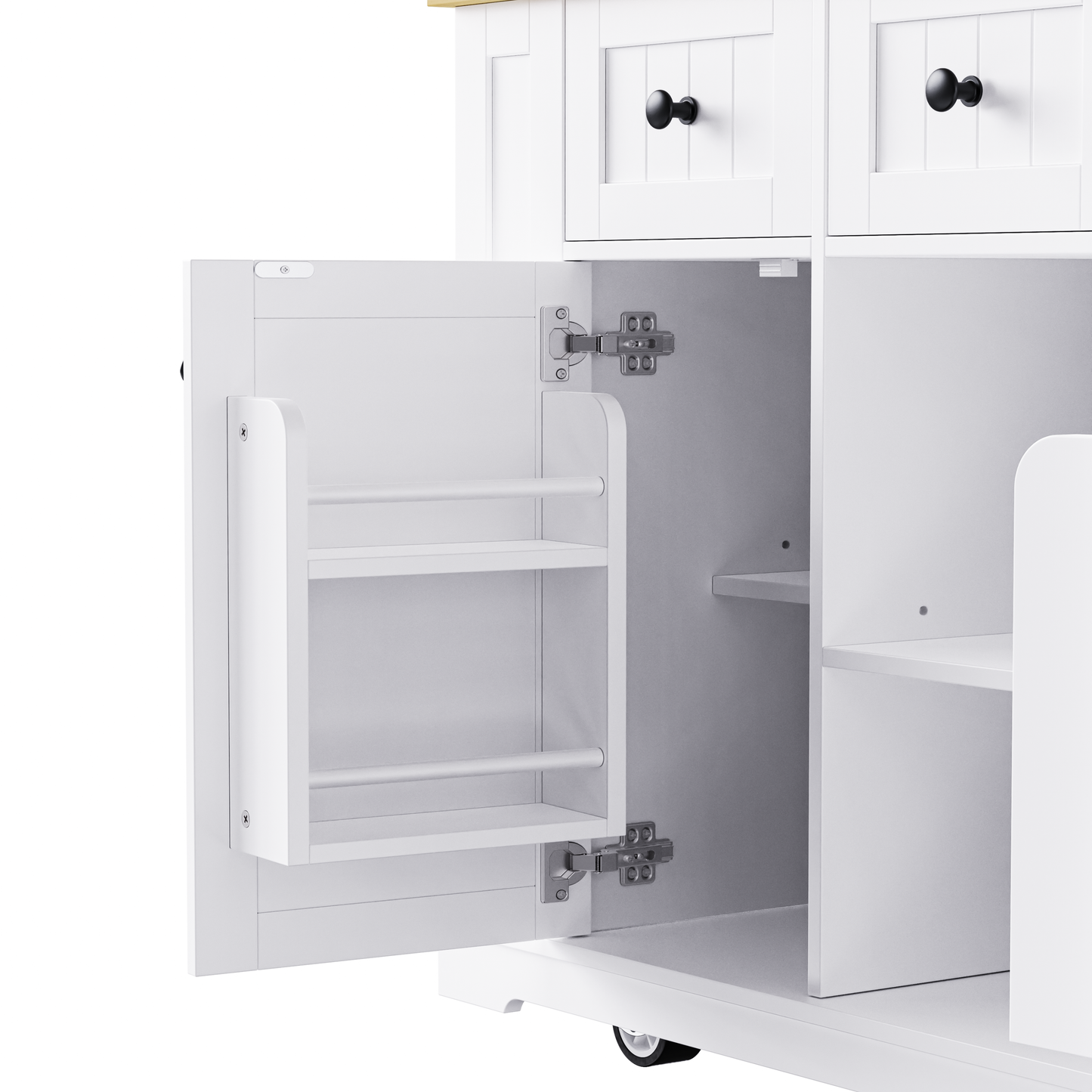 K&K 53inch Large Kitchen Island with 2 Bar Stools, Power Outlet,Door Internal Storage Rack, Kitchen Storage Cart on 5 Wheels with Drop Leaf, 5 Open Side Racks, 3 Drawers, for Kitchen,Dining Room,White