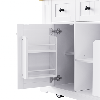 K&K 53inch Large Kitchen Island with 2 Bar Stools, Power Outlet,Door Internal Storage Rack, Kitchen Storage Cart on 5 Wheels with Drop Leaf, 5 Open Side Racks, 3 Drawers, for Kitchen,Dining Room,White