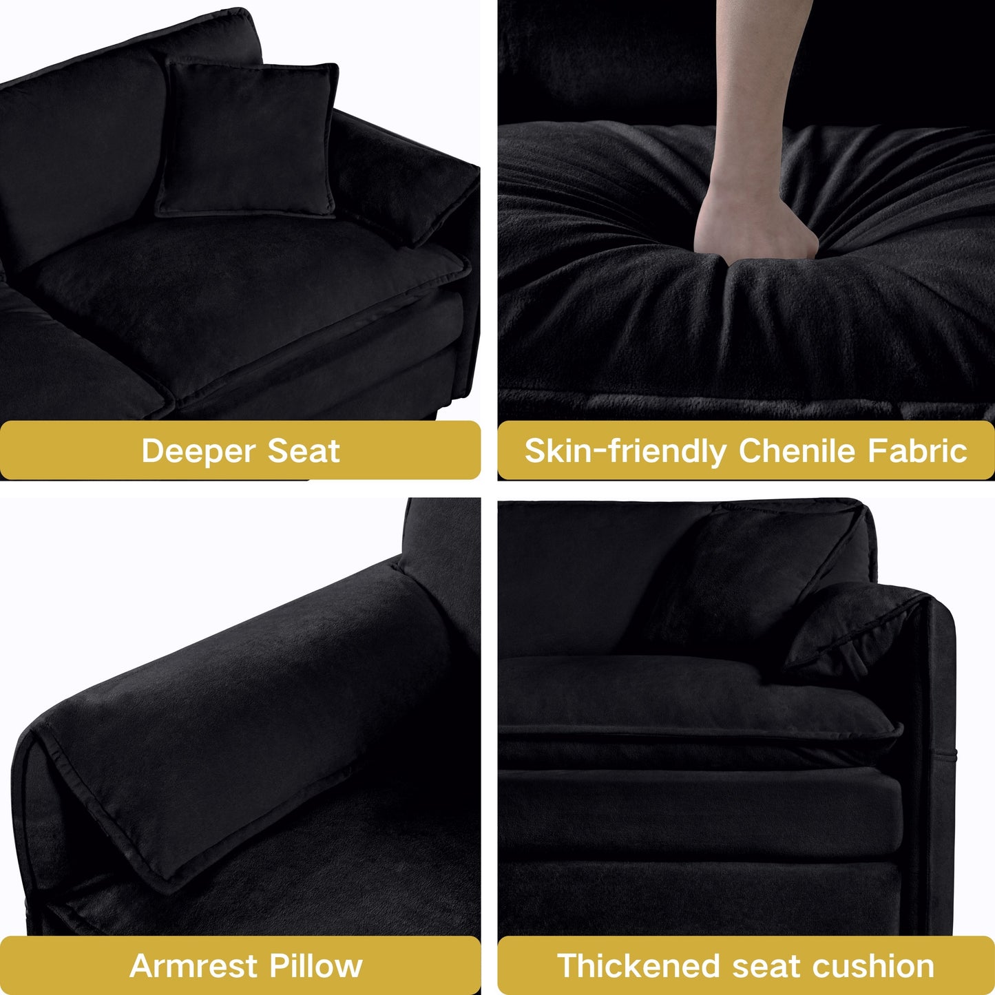 Modular Sectional Sofa, Oversized Deep Seat U Shaped Couch, Chenille,Black