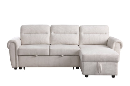 Hugo 97'W Beige Chenille Reversible Sleeper Sectional Sofa Chaise with USB Charger