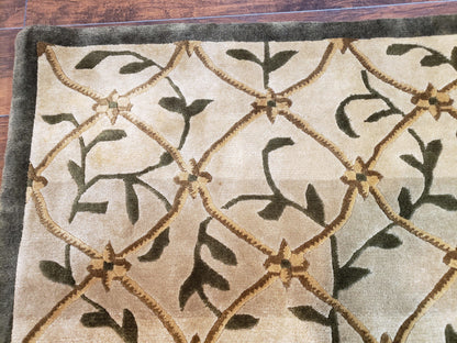 Vintage Tibetan Nepalese Area Rug 9x12, Wool Hand-Knotted, Beige Nepali Soft Pile Carpet, 9 x 12 Living Room Modern Dining Room Rug