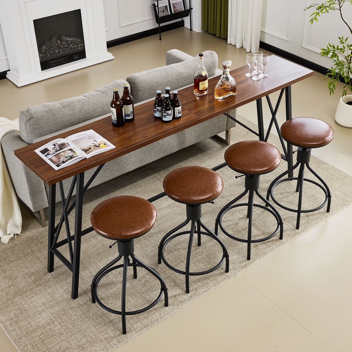 84" Bar Table and Chairs Set for 4~6, Pub Set for 4 PU Padded Barstools Swivel Stool Dining Table Set, Modern Dining Set for 4, Retro Brown