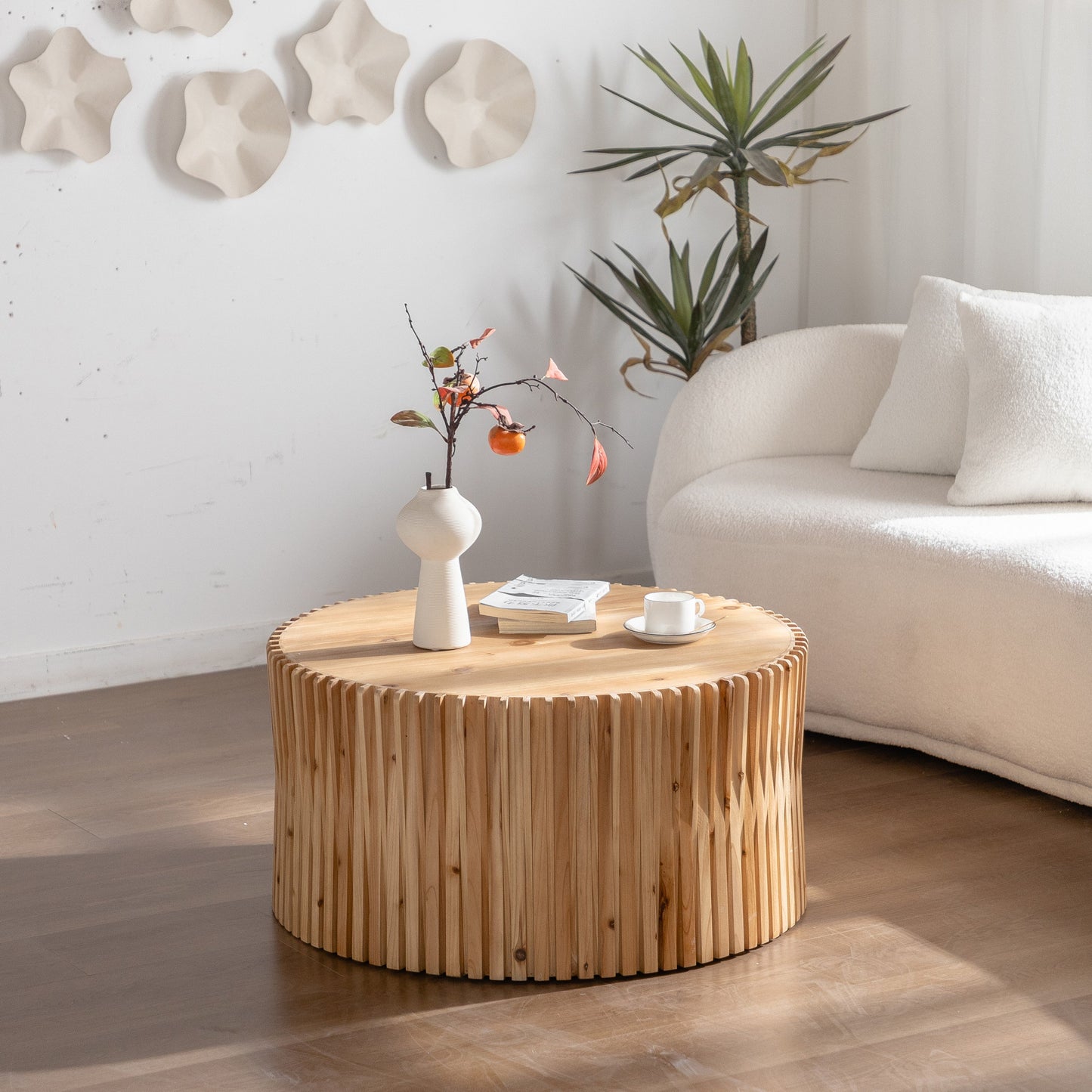 31.5" Retro Fashion Style Cylindrical Coffee Table with Vertical Texture Relief Design,Suitable for Living Room,Office,and Dining Room