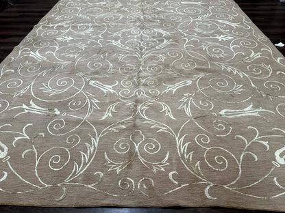 Tibetan Rug 9x12 Wool and Silk Beige Modern Handmade Carpet