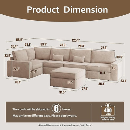 HOOOWOOO Modular Sectional Couch Sofa,125X69 U L Shaped Oversized Couch Sets Free Combination,6 Pieces Extra Deep Sofa with Ottoman for Living Room(Camel Corduroy)