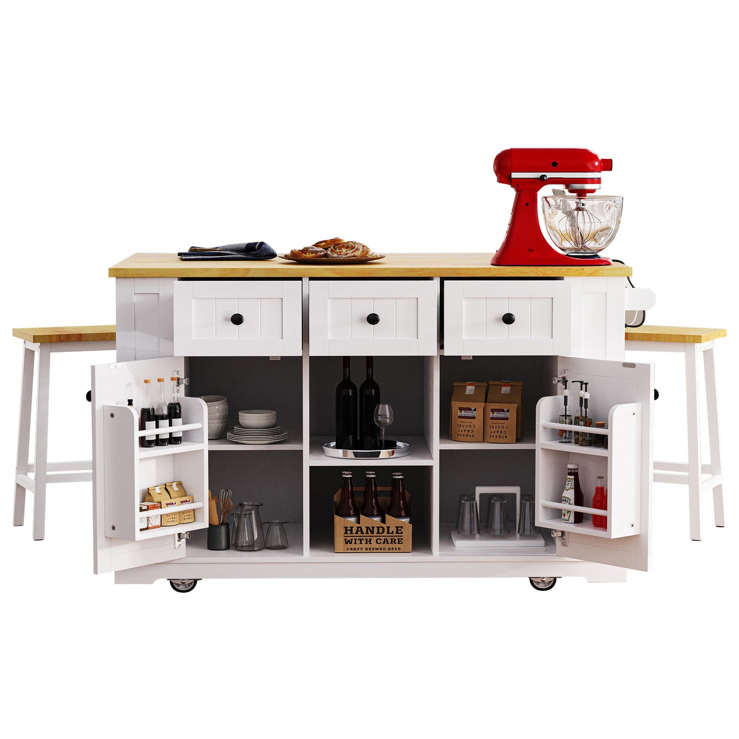K&K 53inch Large Kitchen Island with 2 Bar Stools, Power Outlet,Door Internal Storage Rack, Kitchen Storage Cart on 5 Wheels with Drop Leaf, 5 Open Side Racks, 3 Drawers, for Kitchen,Dining Room,White