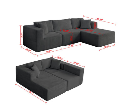 Sectional Sofa and Module, Mid-Century Modern L Shaped for Living Room Grey Right