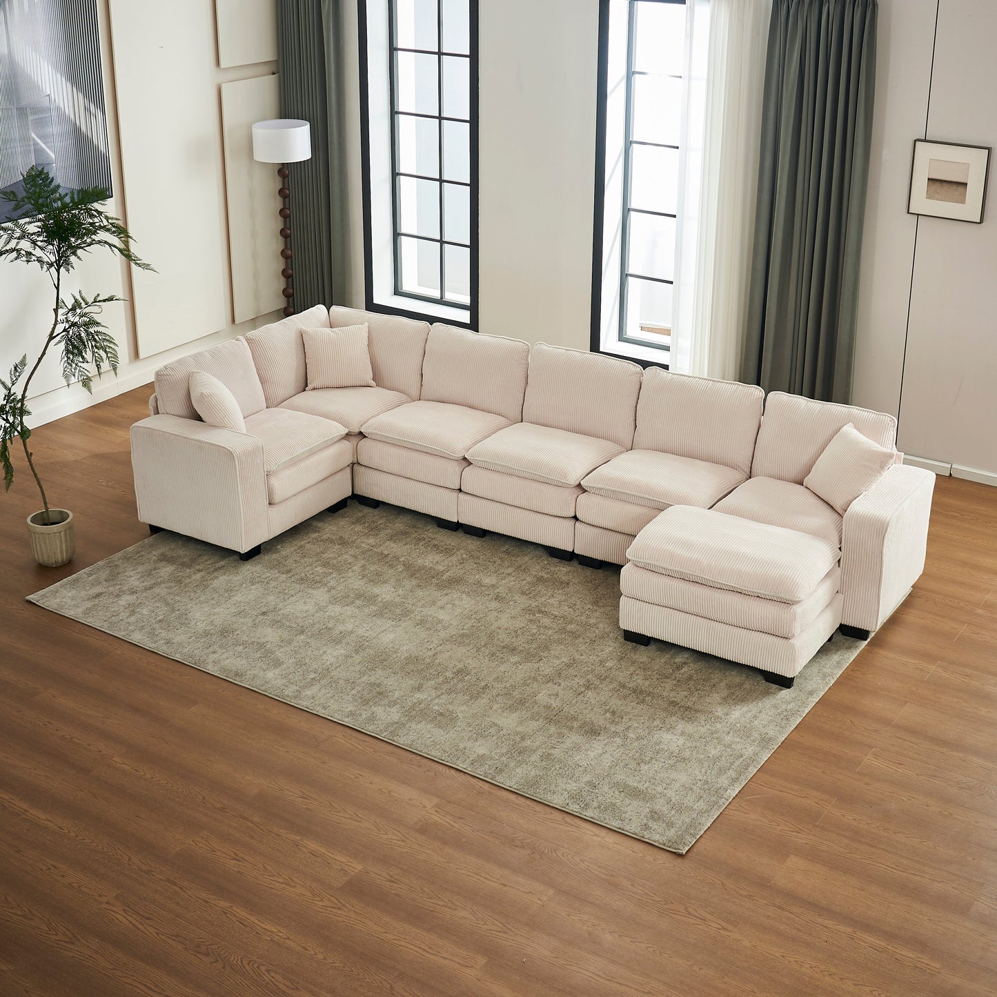 Modern U Shaped 6-seat Sectional Sofa Couch with one Ottoman and three toss pillow