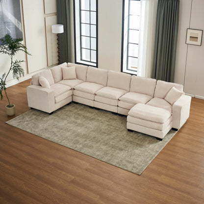 Modern U Shaped 6-seat Sectional Sofa Couch with one Ottoman and three toss pillow
