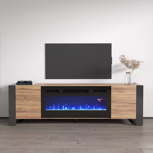Woody BL-EF Fireplace TV Stand for Tvs up to 85", Modern High Gloss 77" Entertainment Center, Electric Fireplace TV Media Console with Storage Cabinets