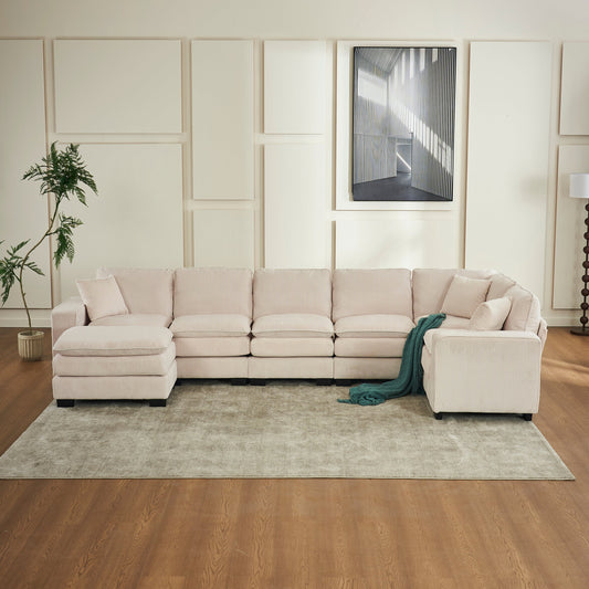 Modern U Shaped 6-seat Sectional Sofa Couch with one Ottoman and three toss pillow