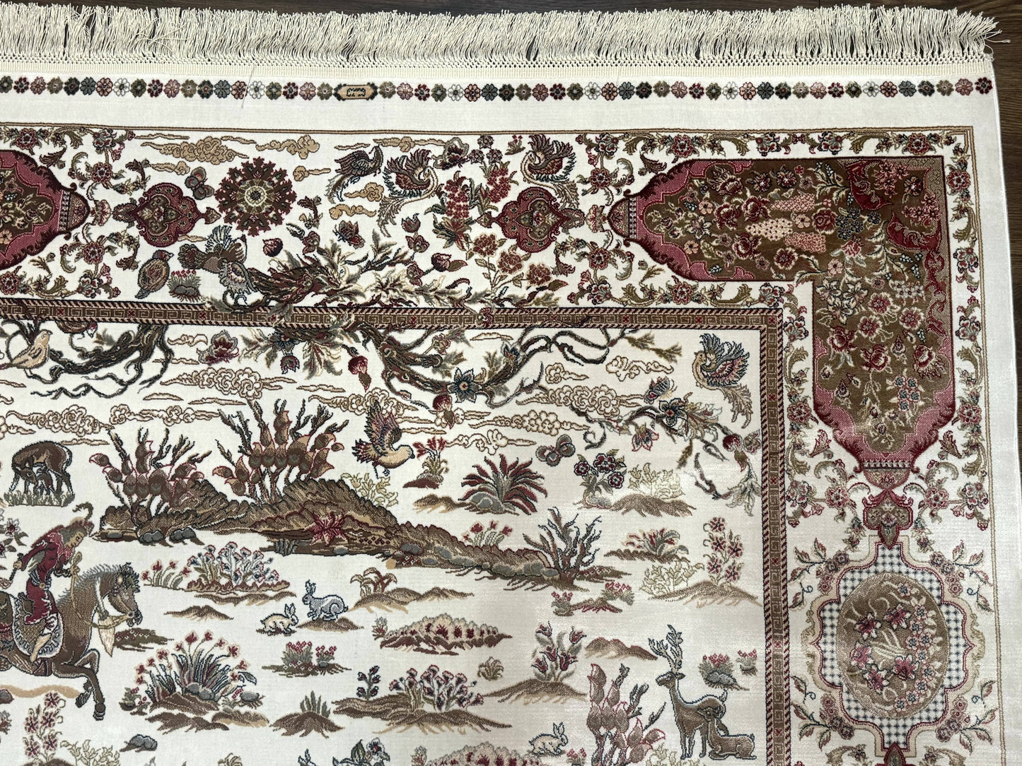 Turkish Silk Rug 5x8, Ivory, Hunting Design, Animal Pictorials, Bamboo Silk