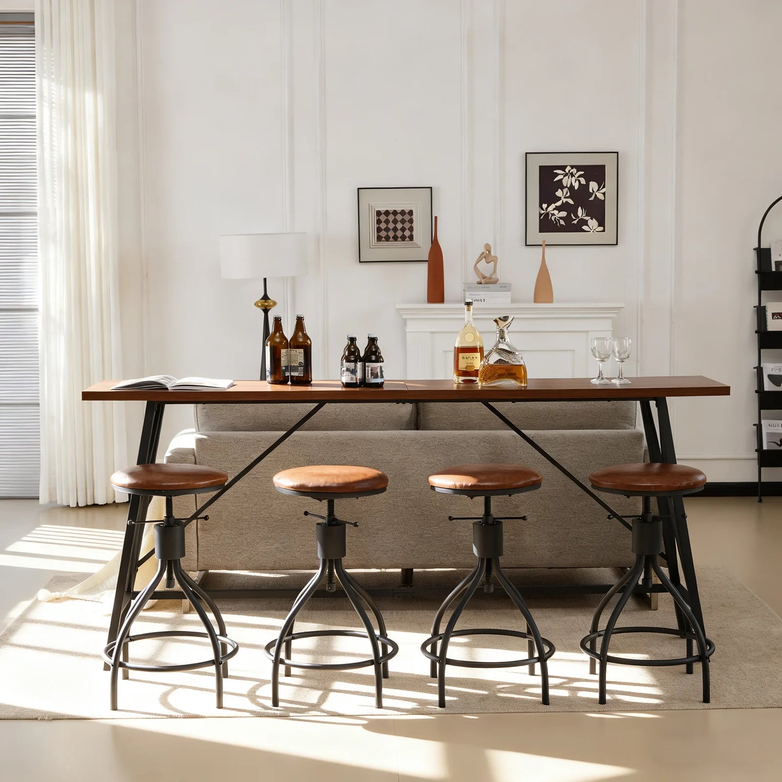 84" Bar Table and Chairs Set for 4~6, Pub Set for 4 PU Padded Barstools Swivel Stool Dining Table Set, Modern Dining Set for 4, Retro Brown