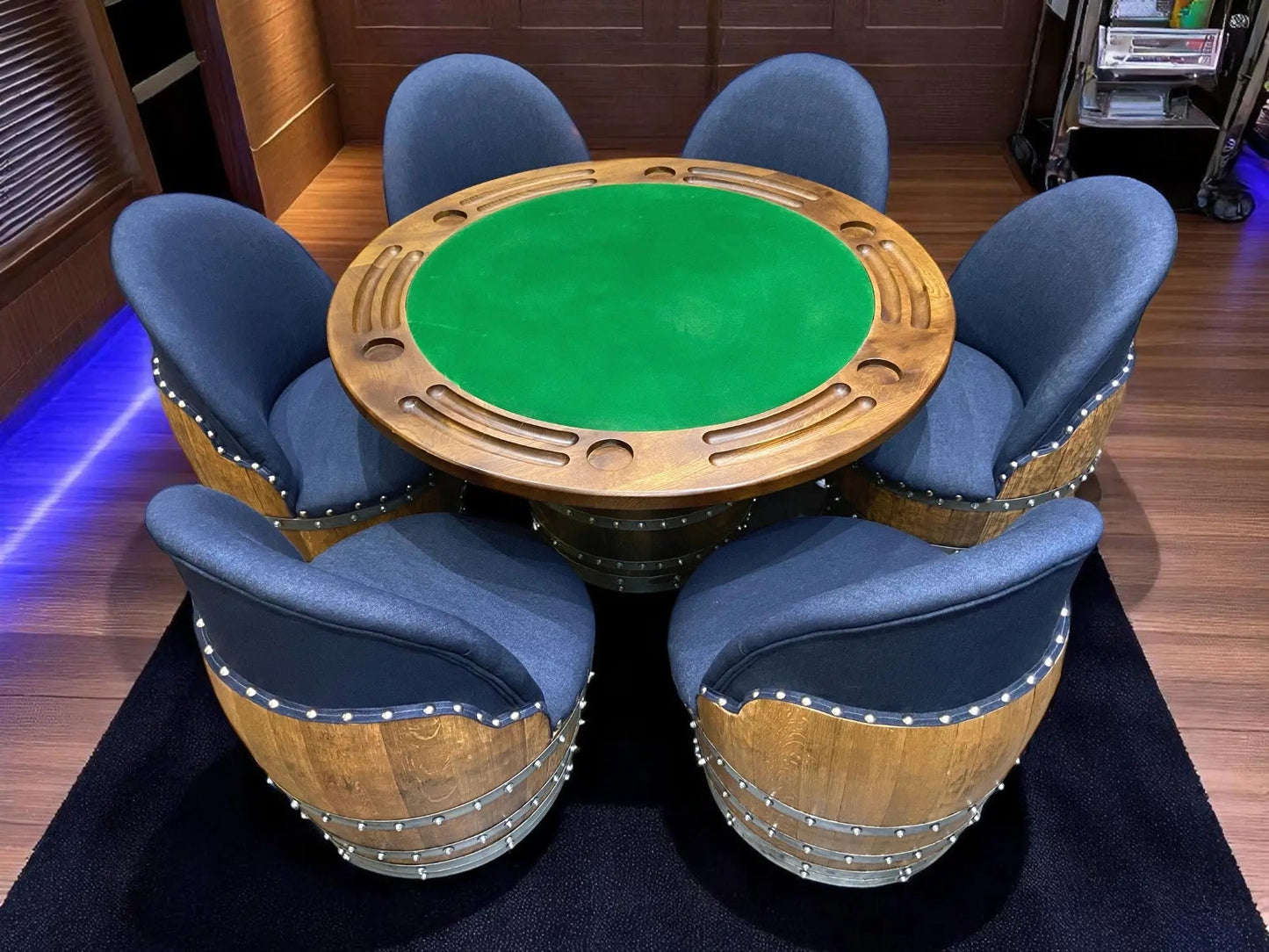 Barrel Table Game Set — Whiskey Barrel Poker Table, Bourbon Barrel Poker Set, Wine Barrel Convertible Dining Top, 6-Chair