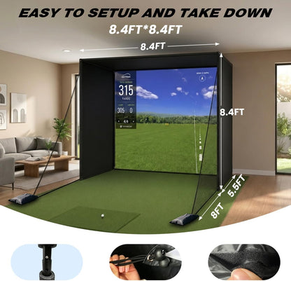 Golf Simulator Enclosure Cage, with HD Impact Projection Screen, Dual Shank Nets & Foam Padding Poles, 8.4X8.4 Steel Frame Golf Net for Garage, Basement, Home Room, Golfers, Beginners & Family Use