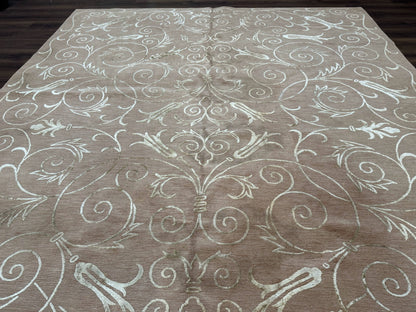 Tibetan Rug 9x12 Wool and Silk Beige Modern Handmade Carpet