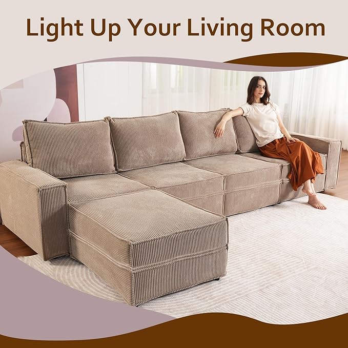 HOOOWOOO Modular Sectional Couch Sofa,125X69 U L Shaped Oversized Couch Sets Free Combination,6 Pieces Extra Deep Sofa with Ottoman for Living Room(Camel Corduroy)