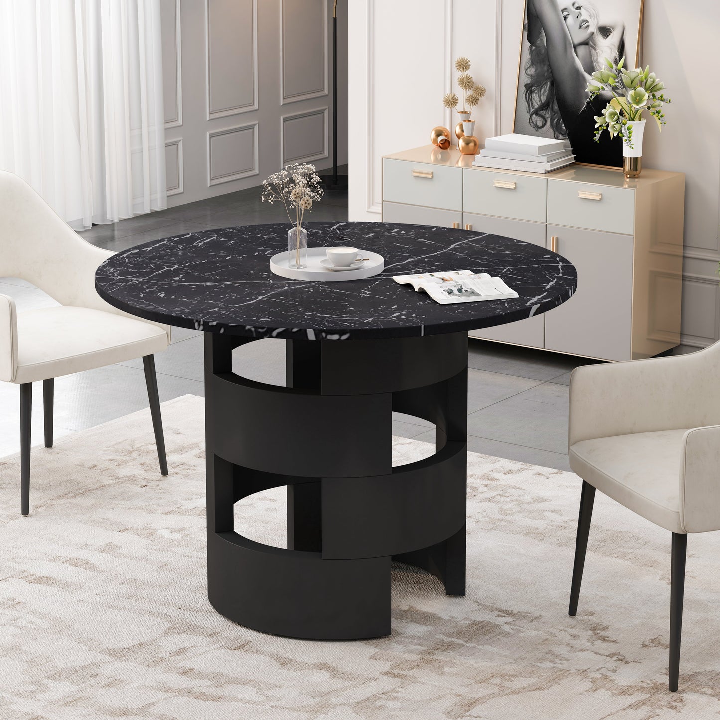 42.12"Modern Round Dining Table with Printed Black Marble Table Top for Dining Room