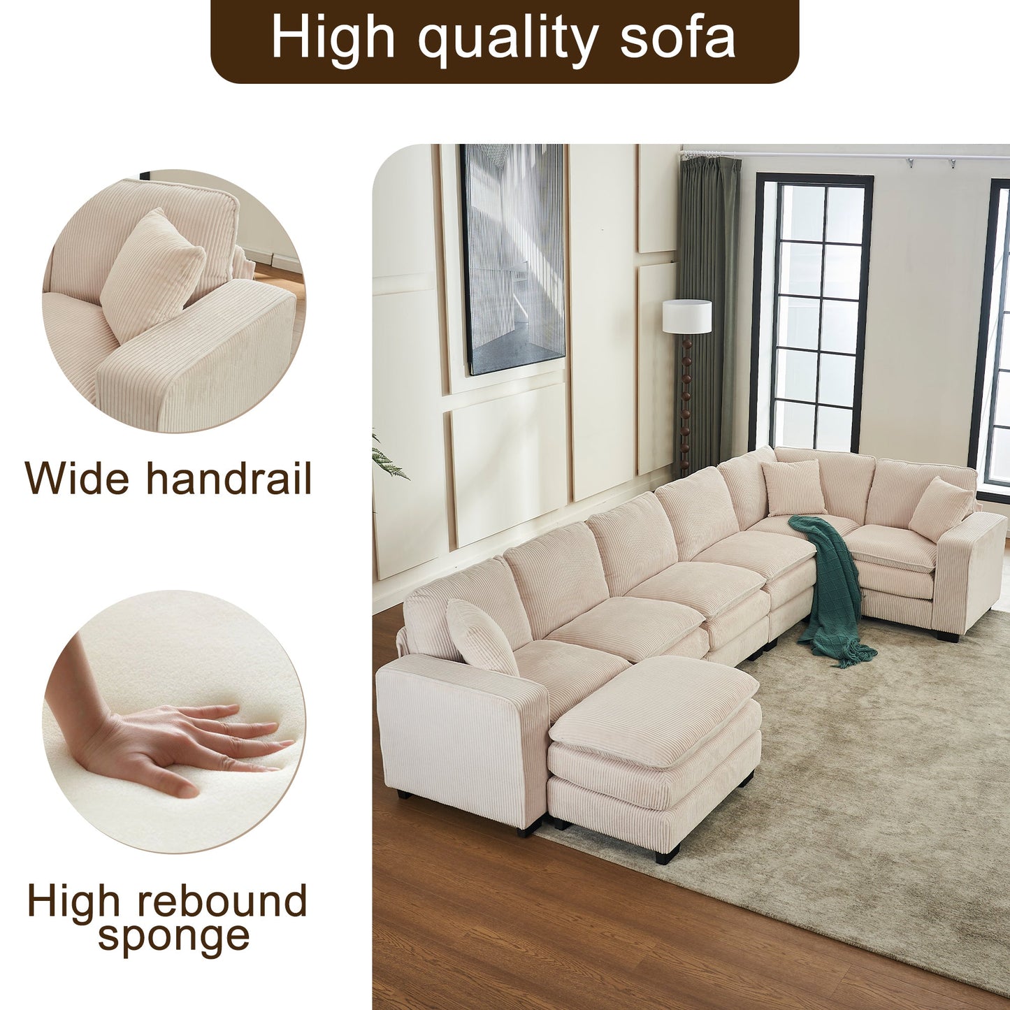Modern U Shaped 6-seat Sectional Sofa Couch with one Ottoman and three toss pillow