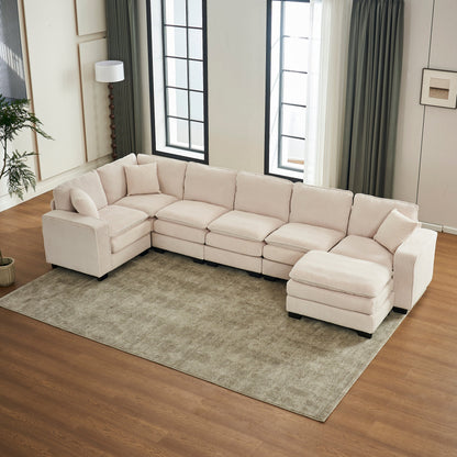 Modern U Shaped 6-seat Sectional Sofa Couch with one Ottoman and three toss pillow