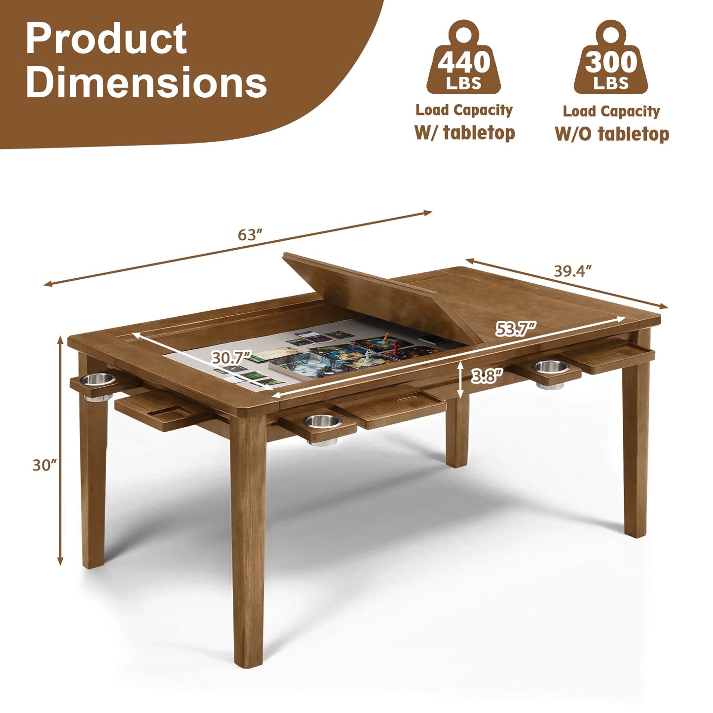 Solid Wood Board Game Table for 4–6 with Removable Top, 54" X 31" Gaming Surface, Game Mat, 6 Cup Holders & Hobby Tray – Convertible Gaming and Dining Table for D&D , Card Game and Puzzle