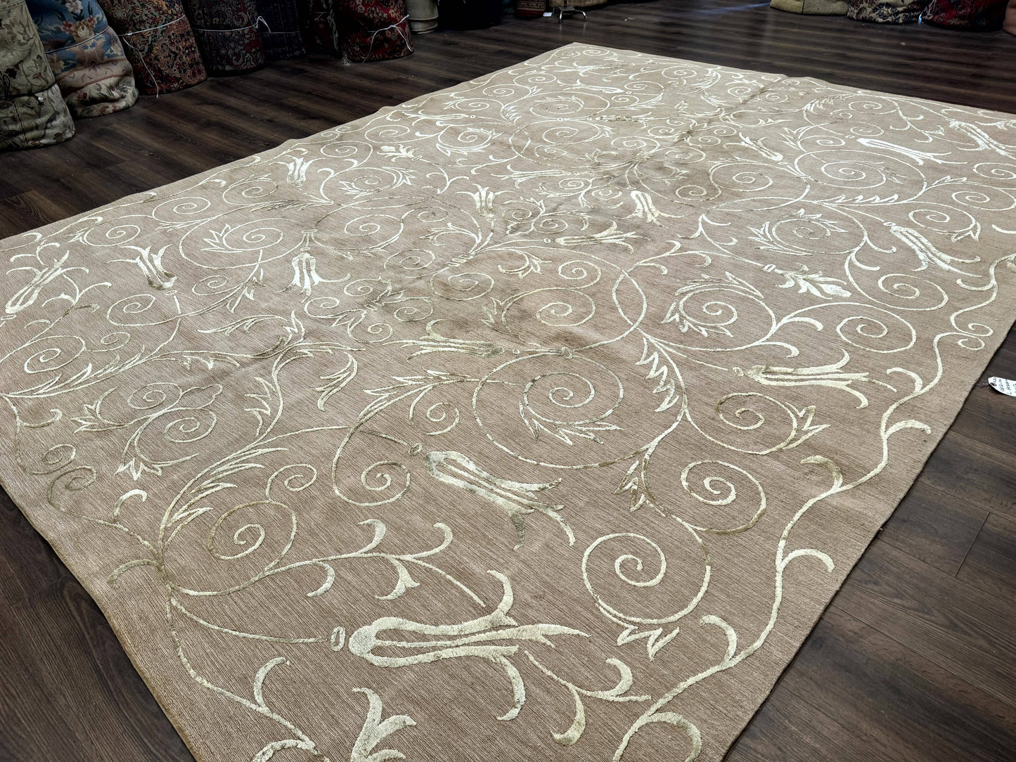 Tibetan Rug 9x12 Wool and Silk Beige Modern Handmade Carpet