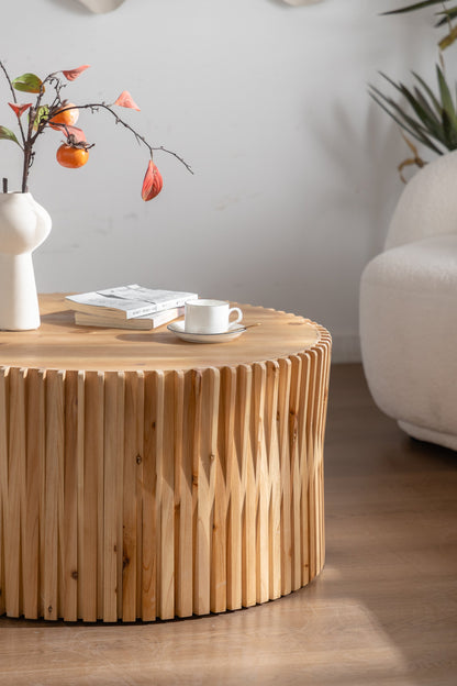 31.5" Retro Fashion Style Cylindrical Coffee Table with Vertical Texture Relief Design,Suitable for Living Room,Office,and Dining Room