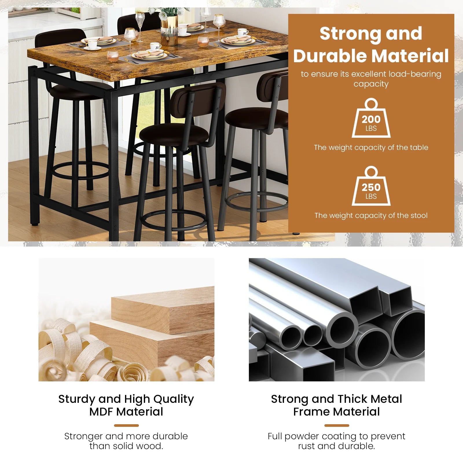 Breakfast Barstool Counter Height Dining Table Set for 4 with Upholstered Bar Stools, High Top Table, Vintage Brown