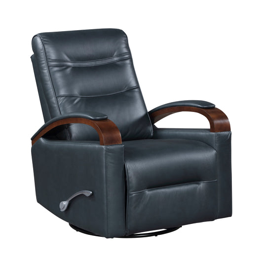 1pc Swivel Gliding Recliner Faux Leather Upholstered Solid Rubberwood Arms Luxurious Living Room Furniture, Navy