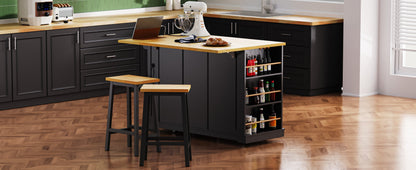 K&K 53inch Large Kitchen Island with 2 Bar Stools, Power Outlet,Door Internal Storage Rack, Kitchen Storage Cart on 5 Wheels with Drop Leaf, 5 Open Side Racks, 3 Drawers, for Kitchen,Dining Room,Black