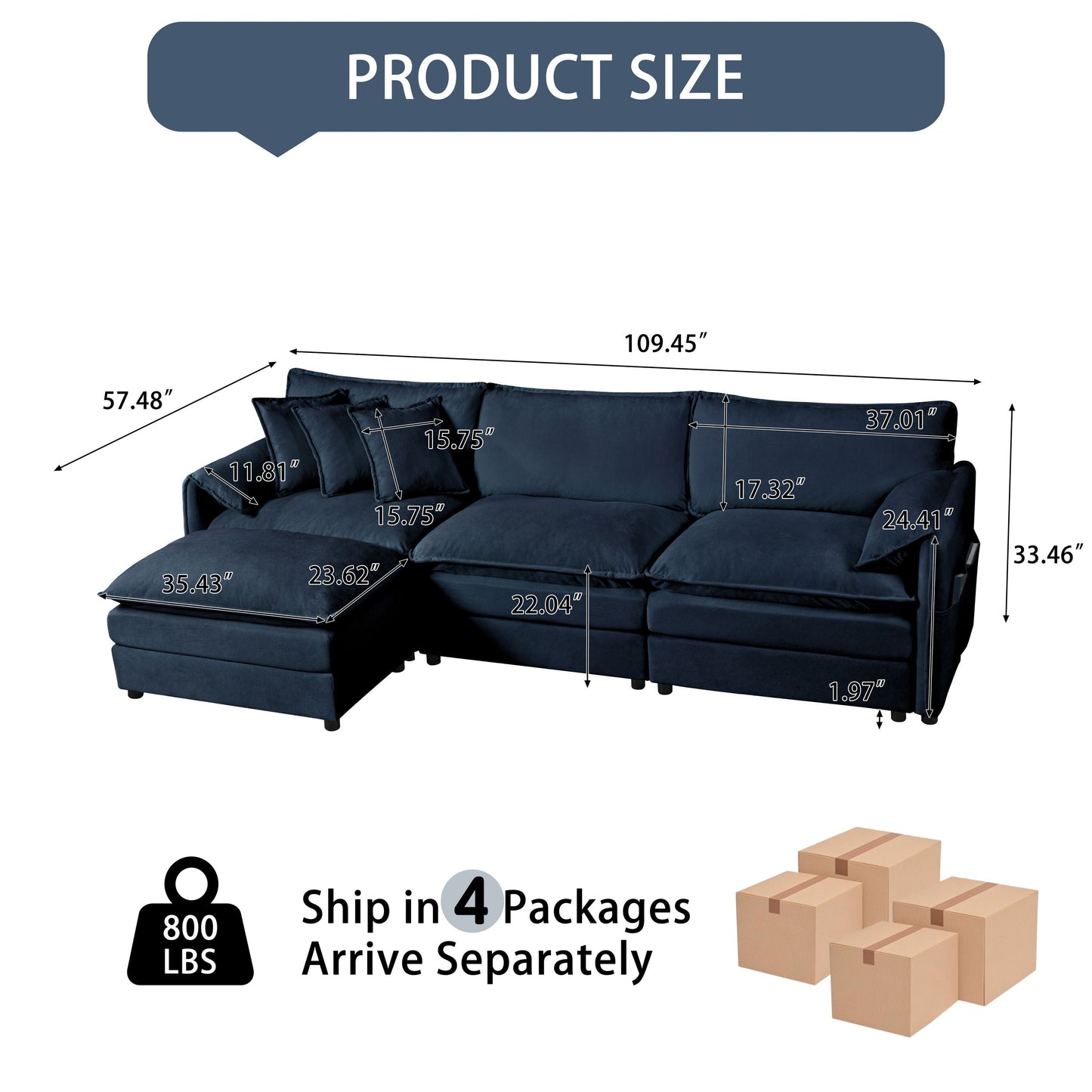 Modular Sectional Sofa, Oversized Deep Seat L Shaped Couch Set for Living Room