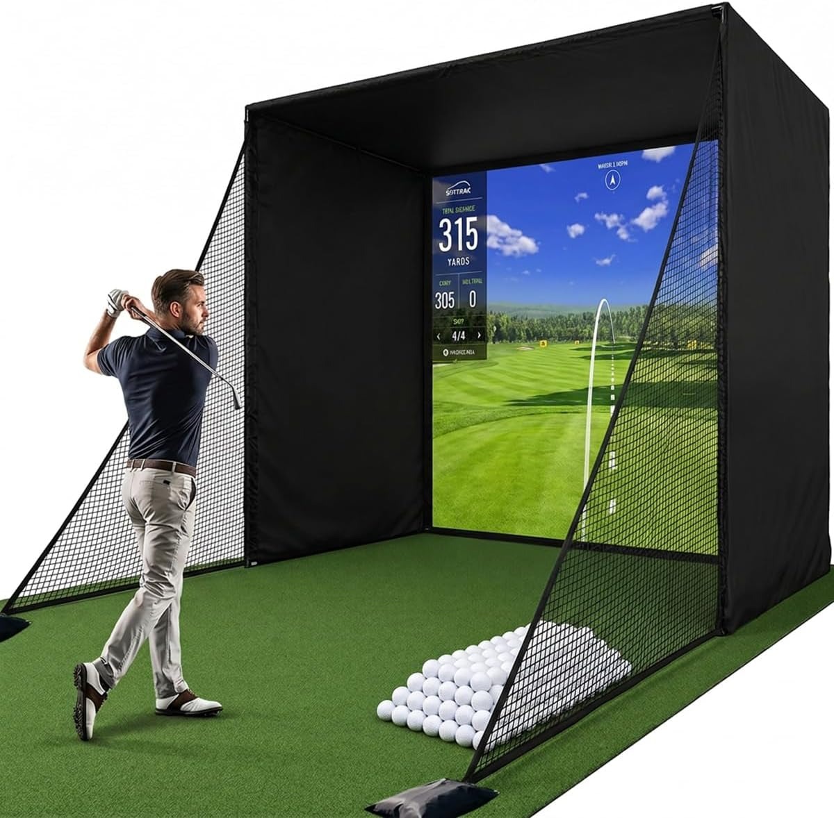 Golf Simulator Enclosure Cage, with HD Impact Projection Screen, Dual Shank Nets & Foam Padding Poles, 8.4X8.4 Steel Frame Golf Net for Garage, Basement, Home Room, Golfers, Beginners & Family Use