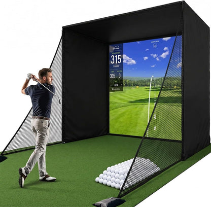 Golf Simulator Enclosure Cage, with HD Impact Projection Screen, Dual Shank Nets & Foam Padding Poles, 8.4X8.4 Steel Frame Golf Net for Garage, Basement, Home Room, Golfers, Beginners & Family Use