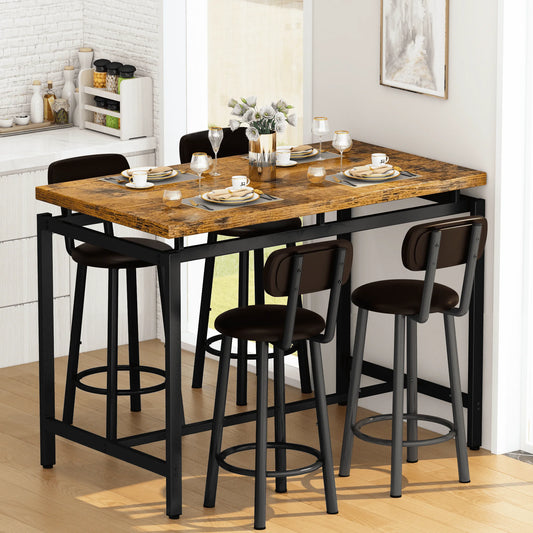 Breakfast Barstool Counter Height Dining Table Set for 4 with Upholstered Bar Stools, High Top Table, Vintage Brown