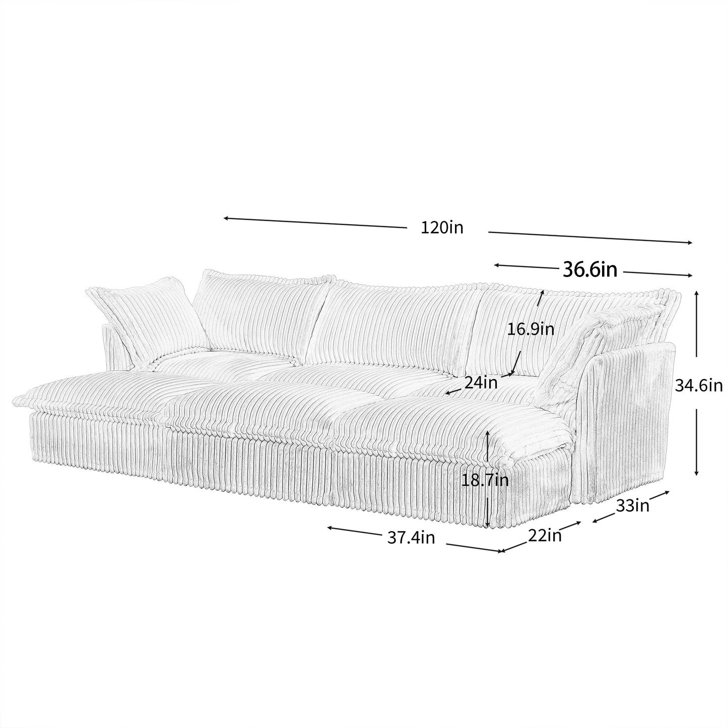 Living Room Sofa Slipcovered Sofa 3 Seater Sofa With 3 Ottomans, Oversized 3-Seat Sleeper Sofa Bed Home Theater Sofa, Corduroy, Cream