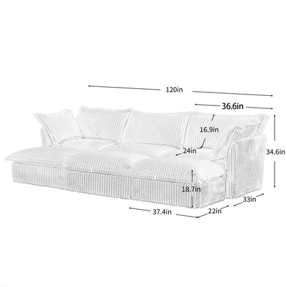 Living Room Sofa Slipcovered Sofa 3 Seater Sofa With 3 Ottomans, Oversized 3-Seat Sleeper Sofa Bed Home Theater Sofa, Corduroy, Cream