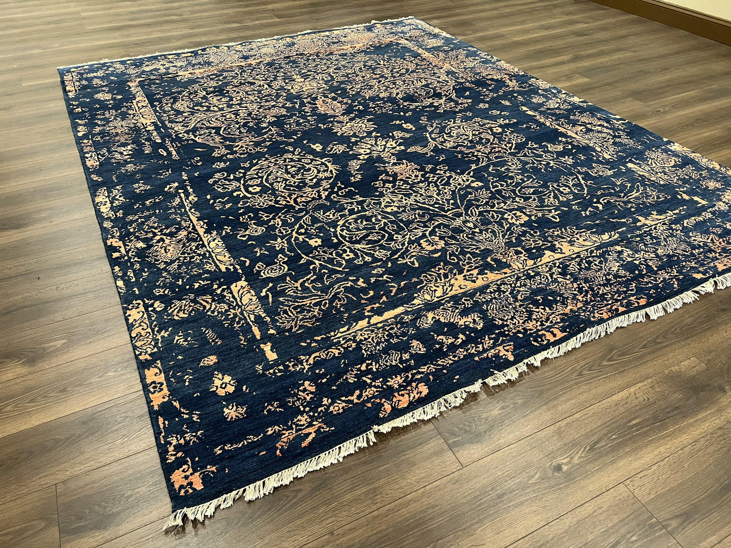 Area Rug 8x10 High Quality Handmade Oriental Carpet, Modern Contemporary Rug, Rug for Living Room, Wool Rug, Blue and Gold, Pakistani Rug