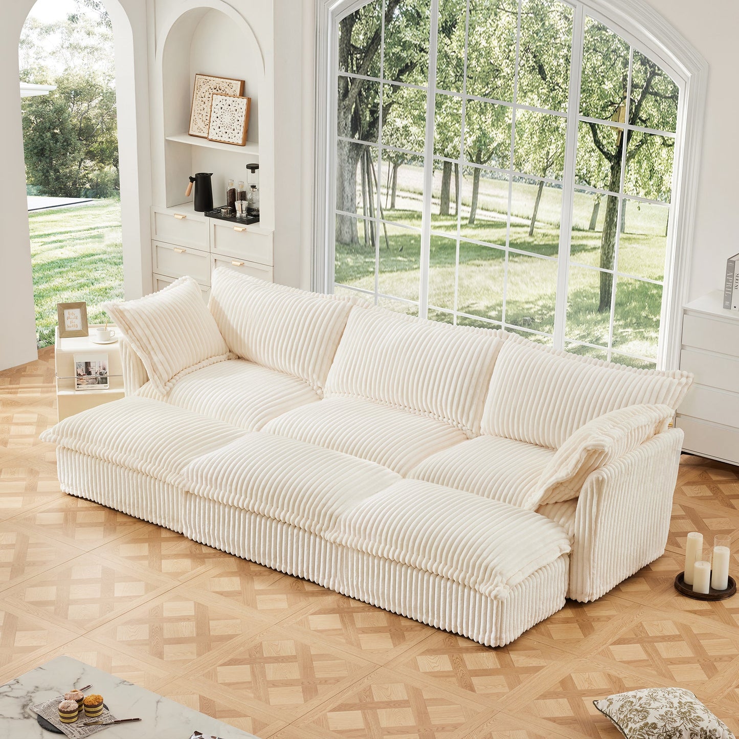 Living Room Sofa Slipcovered Sofa 3 Seater Sofa With 3 Ottomans, Oversized 3-Seat Sleeper Sofa Bed Home Theater Sofa, Corduroy, Cream