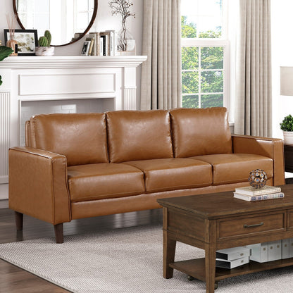 Modern Style Brown Faux Leather Upholstered 3-Seater Sofa Couch Comfortable Cushion Back Seat Solid Wood Living Room Furniture 1pc