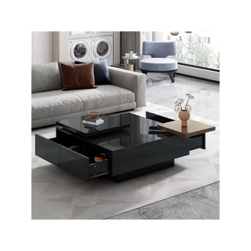 Modern Square Coffee Table with High Gloss Finish, Movable Design, 4 Hidden Storage Drawers for Living Room