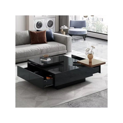 Modern Square Coffee Table with High Gloss Finish, Movable Design, 4 Hidden Storage Drawers for Living Room
