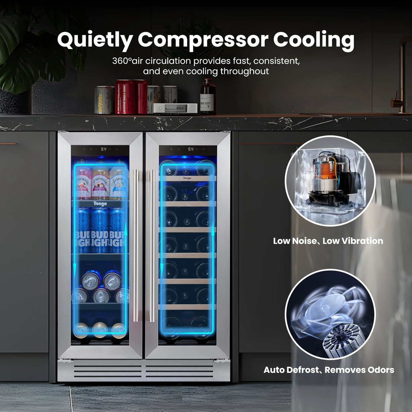 24 Inch Wine and Beverage Refrigerator, 20 Bottles and 60 Cans Dual Zone Fridge with French Glass Door for Home/Office, 36℉~72℉, Built-In/ Freestanding