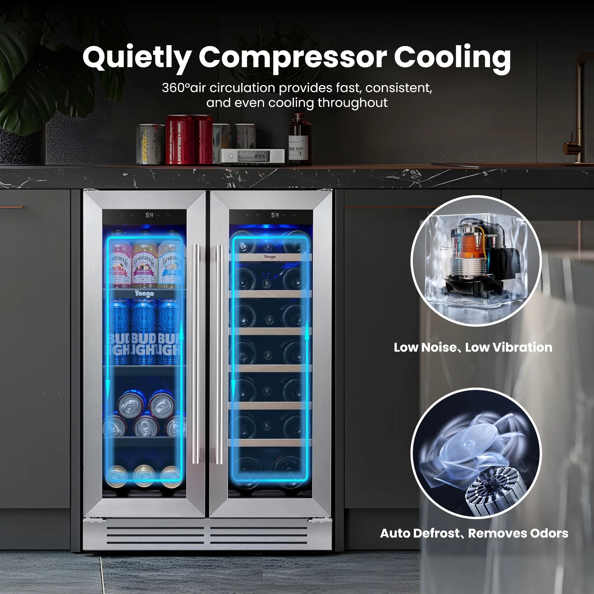 24 Inch Wine and Beverage Refrigerator, 20 Bottles and 60 Cans Dual Zone Fridge with French Glass Door for Home/Office, 36℉~72℉, Built-In/ Freestanding