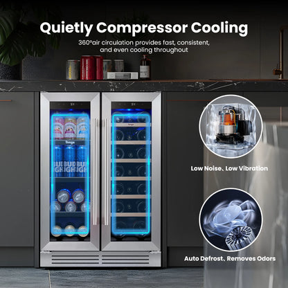 24 Inch Wine and Beverage Refrigerator, 20 Bottles and 60 Cans Dual Zone Fridge with French Glass Door for Home/Office, 36℉~72℉, Built-In/ Freestanding