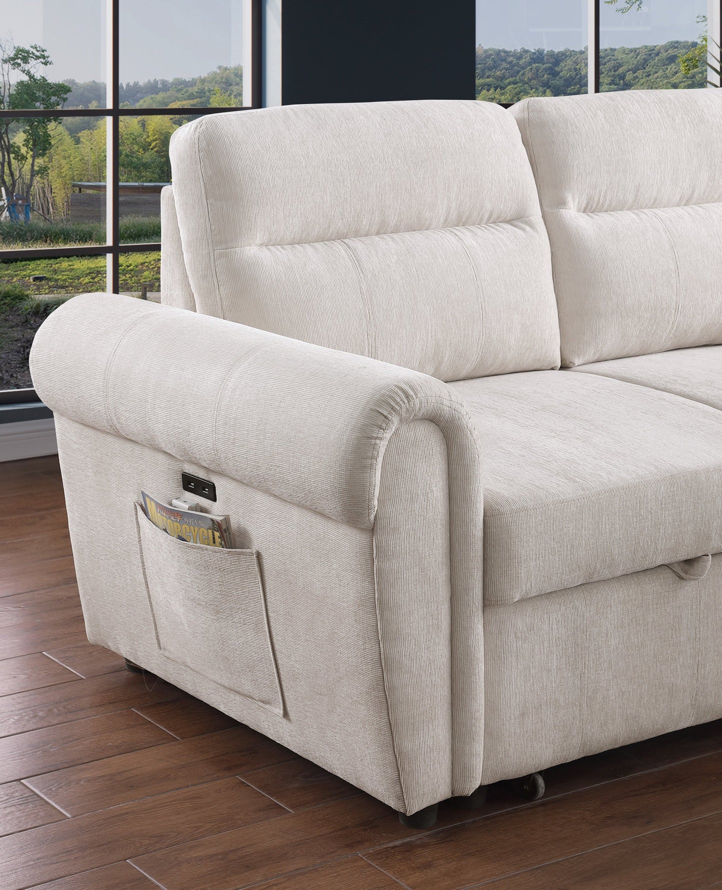 Hugo 97'W Beige Chenille Reversible Sleeper Sectional Sofa Chaise with USB Charger