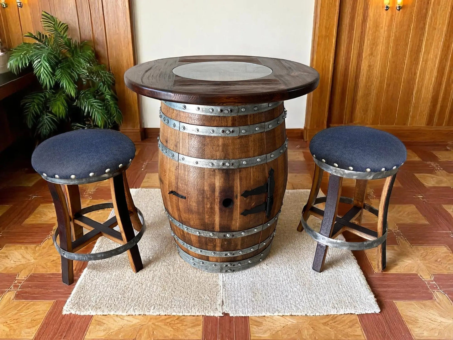 Whiskey & Wine Barrel Pub Set — Limited Colorways, Glass Top, Cabinet Storage
