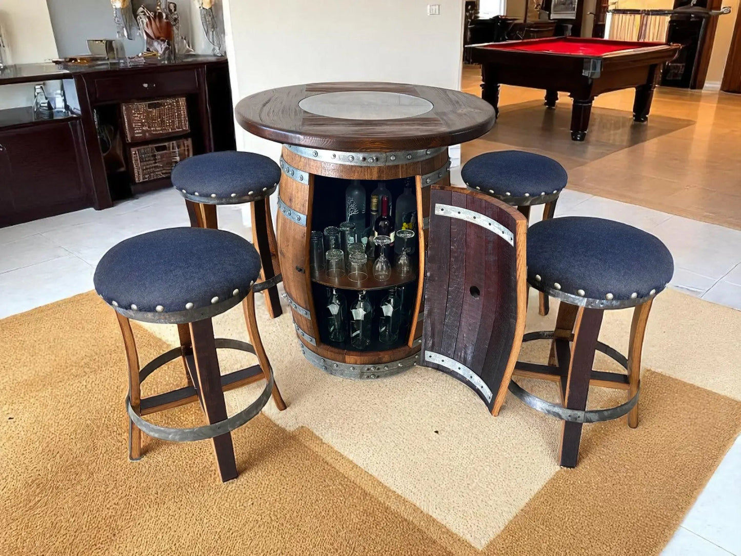 Whiskey & Wine Barrel Pub Set — Limited Colorways, Glass Top, Cabinet Storage