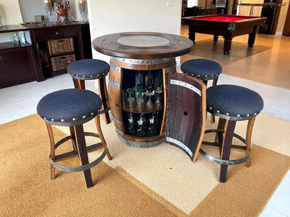 Whiskey & Wine Barrel Pub Set — Limited Colorways, Glass Top, Cabinet Storage
