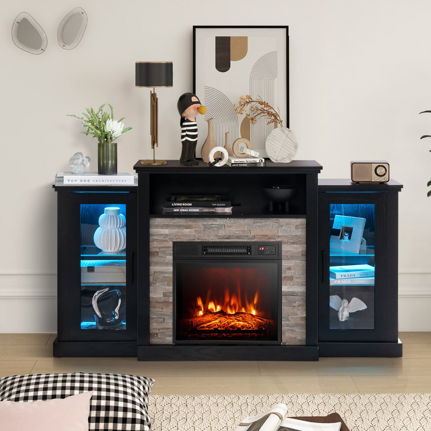 Fireplace TV Stand with 16-Color Led Lights for TVs up to 65 Inch-Black