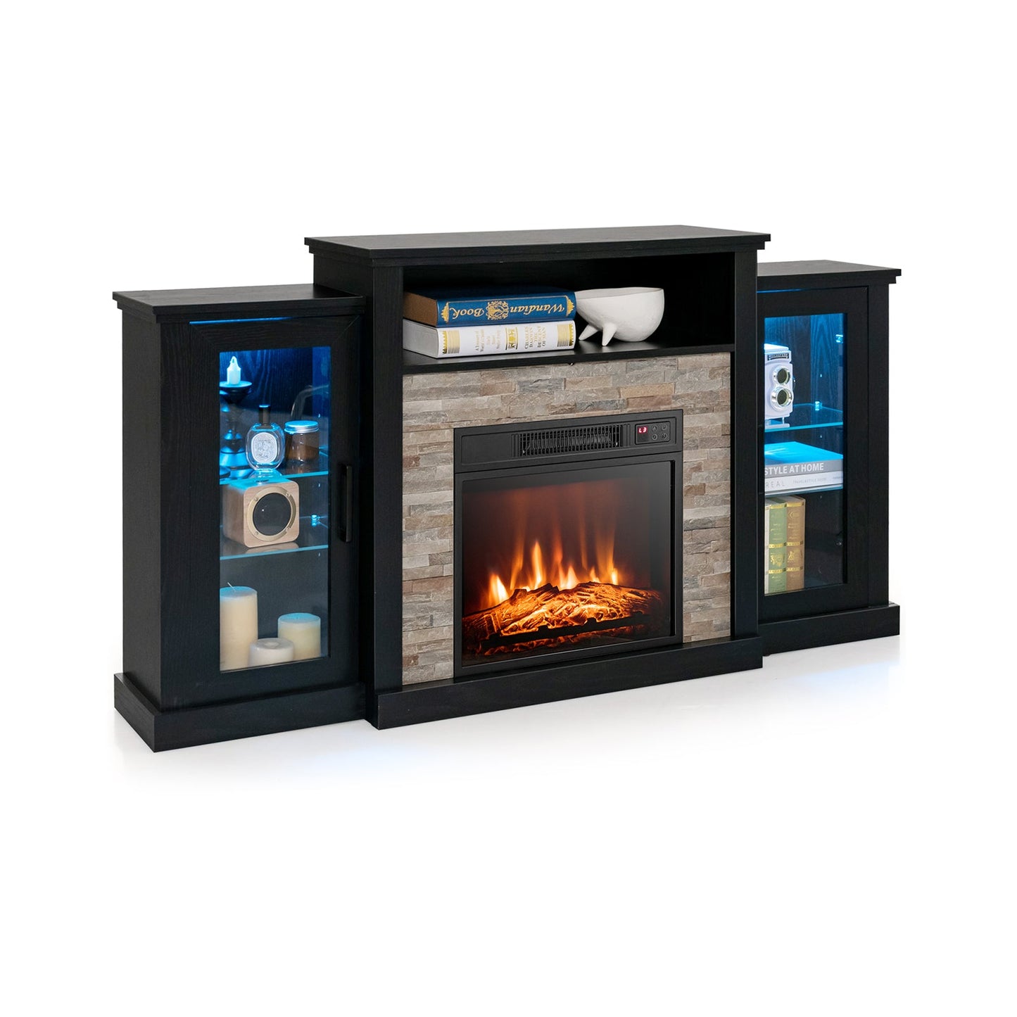 Fireplace TV Stand with 16-Color Led Lights for TVs up to 65 Inch-Black